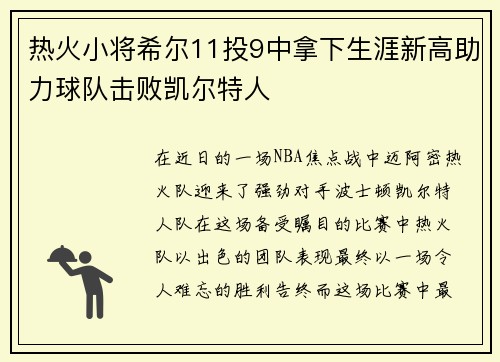 热火小将希尔11投9中拿下生涯新高助力球队击败凯尔特人