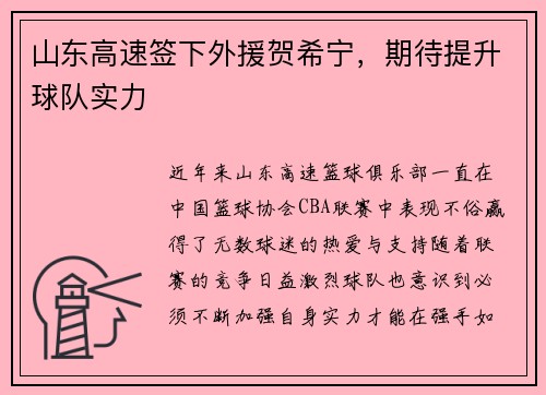 山东高速签下外援贺希宁，期待提升球队实力