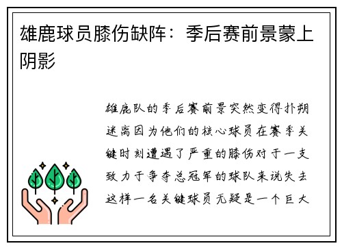 雄鹿球员膝伤缺阵：季后赛前景蒙上阴影