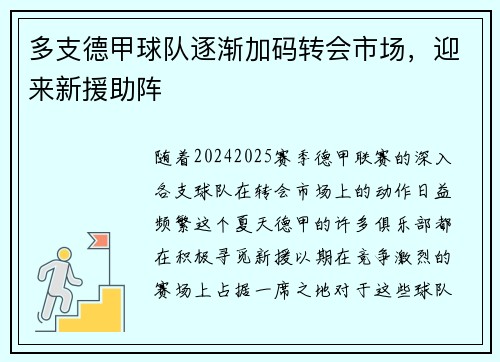 多支德甲球队逐渐加码转会市场，迎来新援助阵