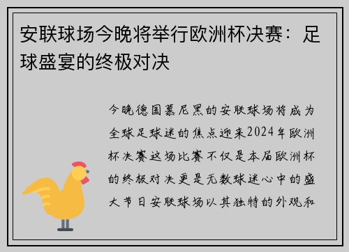 安联球场今晚将举行欧洲杯决赛：足球盛宴的终极对决