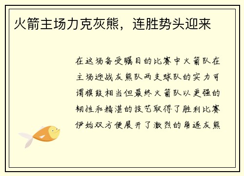 火箭主场力克灰熊，连胜势头迎来