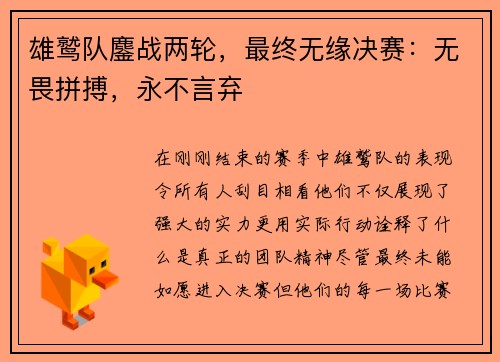 雄鹫队鏖战两轮，最终无缘决赛：无畏拼搏，永不言弃
